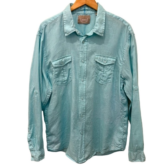 Bruno New York Men's XL Linen‎ Button Down Teal Green Blue Roll Tab Long Sleeves - Picture 1 of 6